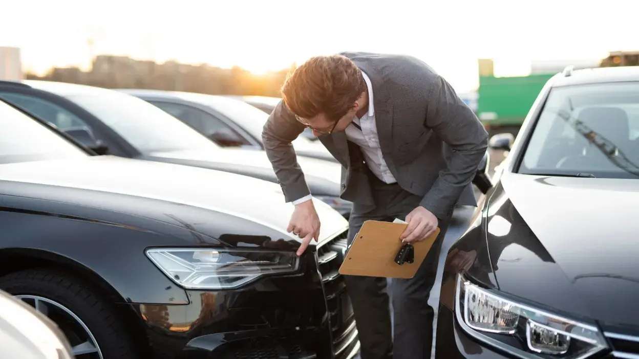 Homem a inspecionar farol dianteiro de carro preto num parque automóvel com prancheta na mão.